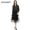 Robes de travail Monaaiyi Fashion Designer de mode pour femmes Bouton Single Black Black Casual Blazer Tiered Ruffles Mesh Sangle Robe 2PCS