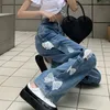 Jeans pour femmes coréenne mode HARAJUKU Streetwear pantalon à jambes larges décontractée.