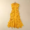Casual Dresses Luxury Women Long Dress 2024 Spring Design Fashion Ladies Elegant Allover Ruffl Floral Party Yellow Orange Festival