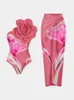 ملابس السباحة للسيدات الأحمر نحيف الزهور الكبيرة طباعة بيكيني يضع واحد كتف واحد من الأزهار الأزهار التنورة