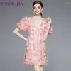 Party Dresses TESSCARA Women Summer Elegant Pink Mesh Dress High Quality Short Wedding Cocktail Robe Vintage V-Neck Designer Vestidos