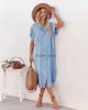 New fashionable solid color denim short sleeved dress medium length split lining dress