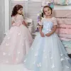 Dresses Beautiful Butterfly Flower Girls Dress Sqaure Neck Lace Appliques Bow Short Sleeve Girls Pageant Dresses Lovely Floor Length Birth