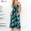 Casual Dresses Women Spaghetti Strap Dress Backless Printed Elegant Maxi V Neck Loose Fit Bohemian Style With Pockets Vacation Outfit