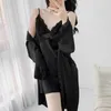 Ev Giyim Pijama Kadınlar Çöp Nightgown Suit Seksi Dantel İki Parçalı Boynaz Seti Yaz Saten Kimono Elbise Güğ giyim Loungewear