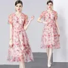 Robes de fête Fashion Rison Spring Summer Pink Floral Mesh Midi Robe Fomen Ve V Neck Short Flower Flower Imprimé High Taie Holiday Vêtements