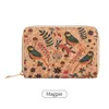 Retro tryckt rosblomma kvinnors korta plånböcker Cork Designer Zipper Portable Pu Leather Card Holder Bag Multifunktionellt kortplats Ladies Card Bird Print Coin Purse