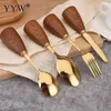 Forks 1Pcs Wood Handle Stainless Steel Fork Spoon Knife Tableware Steak Dessert Flatware Set For Kitchen Dinnerware