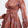 Casual Dresses Women Elegant Mini Dress Floral Print Tie Knot Ruffles V-Neck Long Sleeve Chiffon Swing Skater