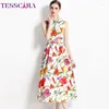 Casual Dresses Tesscara Women Elegant Tank Dress High Quality Floral Cocktail Party Robe Femme Vintage A-Line Designer Formellt tillfälle