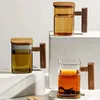 Kieliszki do wina w stylu japońsko szklanym szklanką herbaty biuro biura picia o dużej pojemności domowej gospodarstwa domowego drewniana rączka kwiatowa woda z osłoną