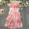 Kvinnor grundläggande casual klänningar Summer Runway Holiday Flower Cascarding Chiffon Dress Women Sexy Off Shoulder Ruffles Floral Print Boho Long Robe Vestidos 2024