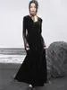 Casual Dresses UMI MAO Dark Velvet Dress Women's Lace Panel Flare Sleeves Elegant Hanging Neck Middle Length