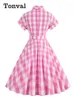 Abiti per feste Tonval girare il colletto con bottoni a prua in cotone vintage lungo per donne rosa e bianco stampa gingham elegante abito swing elegante