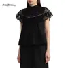 Blouses 2024 Dames Spring en Summer Style Half Turtleneck Hollow geborduurd Lace Splicing Mouwloze blouse dames shirt