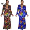 Robes décontractées Qili-Women Vintage Imprimé Long Robe sexy Sexy V-Neck High Elastic Elastic Terre Élégant Trumpet