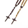قلادة قلادة مصنوعة يدويًا حبات خشبية قلادة للنساء للنساء الصلبان الصلبان عبر سلسلة حبل حبل طويلة مضفر مجوهرات صلاة دينية