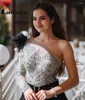 Party Dresses One Shoulder Long Sleeves Applique Lace Black Prom Dress With Belt Slit Robe Soiree Femme Evening Luxury
