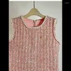 Casual Dresses Small Fragrance Sequins Fashion Basic Sleeveless Round Neck Dress Temperament Slim Elegant Chic Tweed Vest Pink