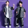 ズボンボーイズストリートダンス格子縞のシャツジョガーズガールヒップホップパッチワークカーゴパンツ服セットキッズジャズルーズ服を