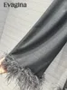 Women's Pants Evagina Fashion Designer Autumn Grey Color Casual Trousers Solid Straight Barrel Feathers Hem Wide Leg