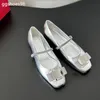 Mary Jane Straight Tape Small Leather Leather Shoes New Flat Ballet Silver Square Bow Line with altywow Mouth Single Shoes Fashion All Match Dance Shoes Size35-42
