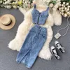 Casual jurken zomer vrouwen rok twee delige set sexy v-neck ctopped denim vest hoge taille rokken Koreaanse dames mouwloze pakken s s s s s s