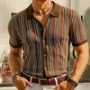 Men's Casual Shirts Retro Mens Striped Jacquard Knitted Short-sleeved Buttoned Lapel Knit Cardigan Tops Men Streetwear Summer Knitting Shirt