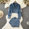 PREPOMP TRACHSUITS 2024 Women's Women Casual Set Lapel Long Sleeve Loose Denim Jacket Fake Two-Piece High midje Slim Shorts Outfits Spring GH721