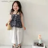 Trousers Girls Clothing Sets Flower Strap Multi layered Top+Loose Capris Pants 2023 Summer New Fashion Childrens Wear Kids Clothes L46