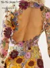 Abiti floreali casual 2024 ricami eleganti donne eleganti mini abito maniche lunghe a mezzo colletto 2024 festa della serata primaverile Lady Vestido 230228