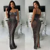 Fashion Women's Solid Color Mesh Hot Diamond Sling Long Dress F4690