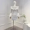 Casual Dresses Solid White 2024 Fasion Collection High Quality Ruffles Folds Lady Slim Fit Long Sleeve Woman Balck Mini Dress