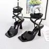 Dress Shoes Summer Women PU Sexy Slippers Square Heel Lace Up Sandals Toe Glitter Shiny High Heels Wedding Party Fashion Pumps