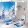 Cortinas de chuveiro Cortina de inverno Conjunto natural da floresta natural queda de neve de neve cedro cedro paisagem flanela banheiro tapete banheiro banheiro tampa de assento