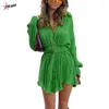 Vestidos casuais Pulabo Sexy Green Pleated Mini Dress Mini Dress Skinny Puff Slave Lace Up Up Female Summer Lady Party Club Vestidos