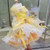 Luxury Highend Party Pet Dog Clothes Fine Crystal Bow Handmased Yellow Spets Long Tail Princess Dress For Small Medium Coats 240402