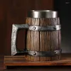 Mugs Imitation Wood Retro Beer Mug Resin Stainless Steel Barrel Coffee Cup Viking Style Double Wall Jug Personalized Gift 600ml