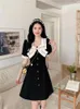 Casual Dresses Vintage French Bow Square Collar Black Pink Dress 2024 Summer Fashion Elegant A Line 4xl Women Slim Midje Party