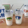 ワイングラスストローと蓋付きのかわいいカップ韓国のガラス漫画ミルクコーヒージュース朝食水ボトル飲料グラス350ml