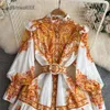 Korean Casual Dresses Fashion Flower Printed Women Short Dress With Sashes White Yellow Stand Collar Long Sleeve Ladies A-Line Vestidos 2024