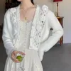 여성용 니트 흰색 꽃 가디건 니트 스프링과 가을 중공 짧은 느슨한 스웨터 기질 V- 넥 겉옷 탑
