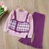 Trousers Girls Sweater Set Girls Fake Two Piece Plaid Sweater+Knitted Flare Pants 2023 Autumn Winter New Childrens Clothing Set L46