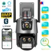 Kameror IP -kamera 8MP 4K WiFi Three Lens Dual Screen Security CCTV Video Surveillance Camera Police Light Alarm Outdoor PTZ Camera ICSEE