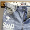 Summer Light Blue strappato con gatto Whisker Patch Letter Stampa Slip Shorts Shorts Teenagers Jeans Boys and Girls Cowboy Short Pants 240402