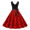 Robes décontractées robe arrière sans dos vintage Midi pour femmes inspirées d'inspiration vintage avec lacet-up en V-collier High Bow Detail Retro Dot Imprimé pour bal