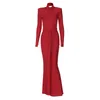 Casual Dresses OMSJ Red Women Elegant Luxury Evening Party Dress Long Sleeve Halter Draped Fitted Maxi Spring 2024 Sheath Vestidos