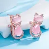 Mode roze kristal furong stenen hanger katten oorbellen vrouwelijk vergulde 18k roségoud en zilveren hr2v