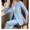Женские брюки с двумя частями небо голубые костюмы для женщин 2 двойной грудь с длинным рукавом Blazer Slim Fit Официальные наряды бизнес или интервью 2024