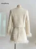 Dwuczęściowa sukienka jesienna zima francuska francuska 2 sztuki zestawy Tweed Kurtka krótkometrażowa splicing blazerhigh talia mini spódniczka 231205 s 3105 s
